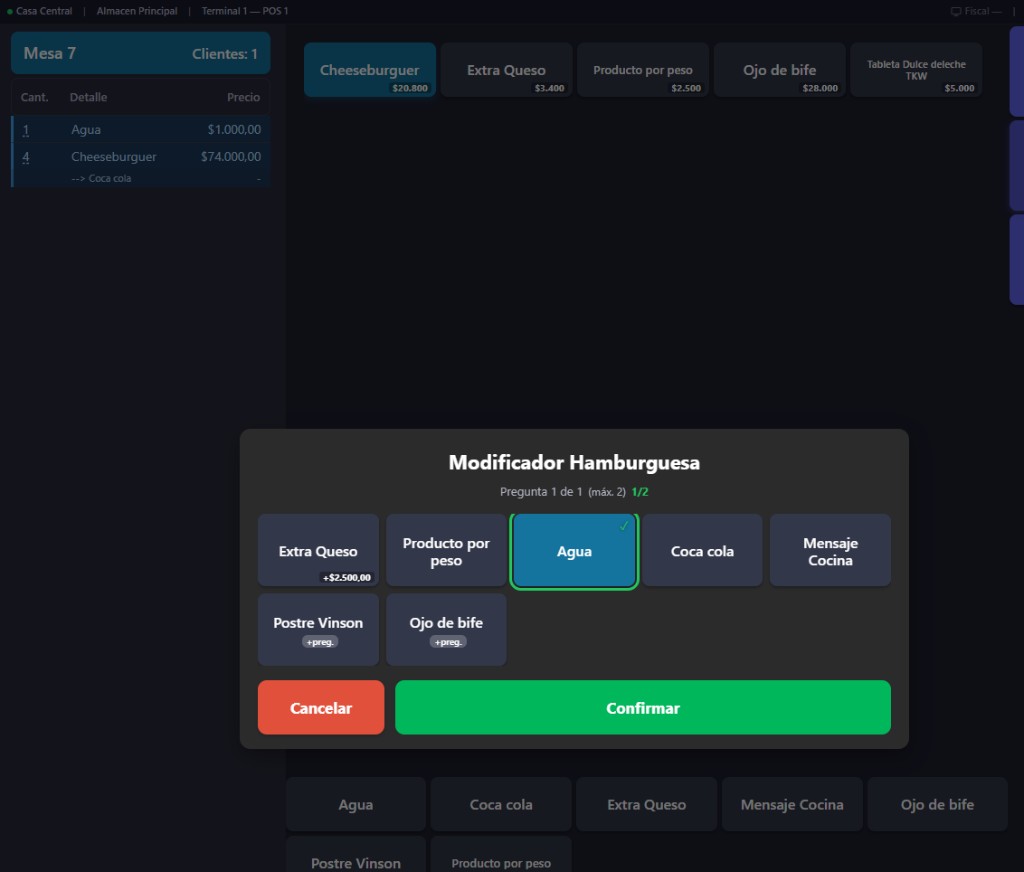 Vinson POS — modificadores de producto