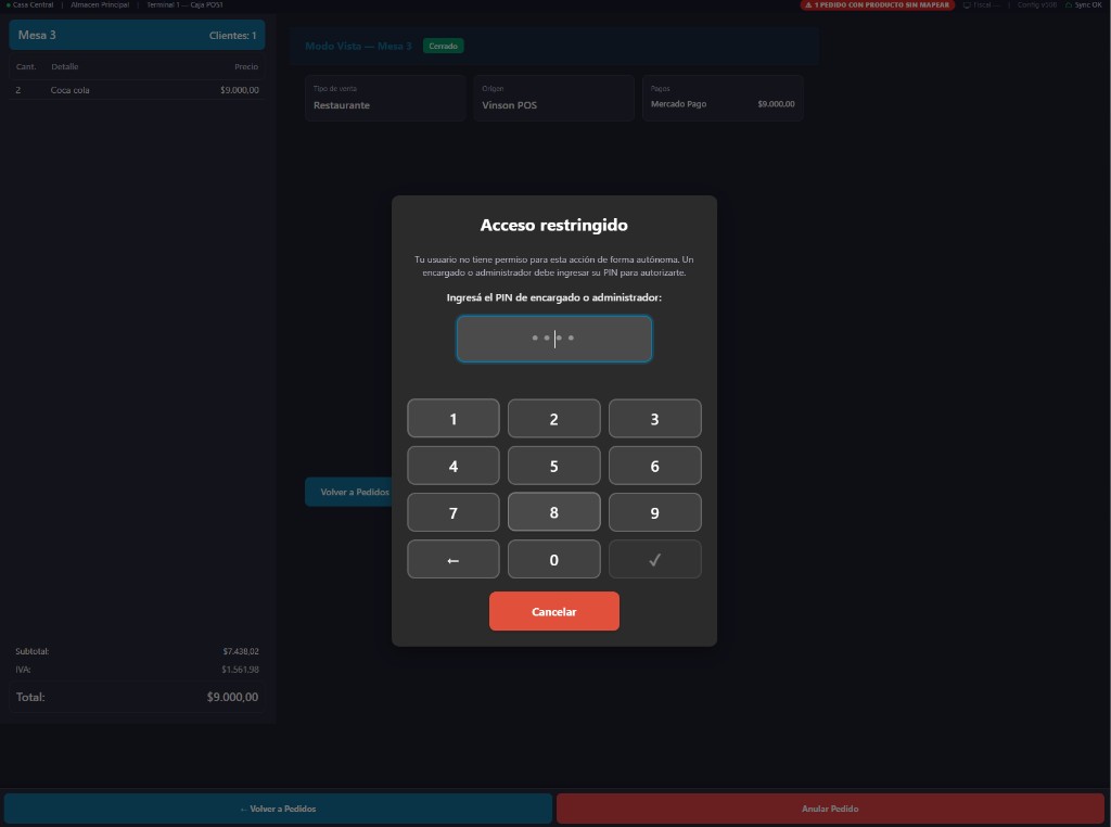 Vinson POS — control de acceso por PIN