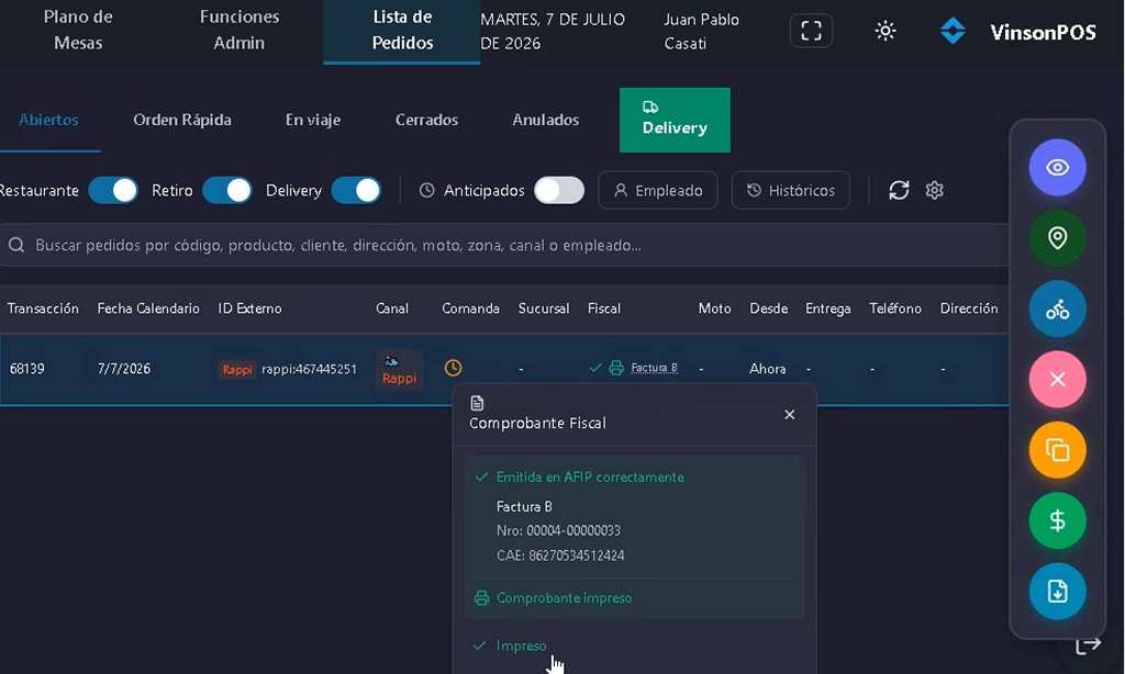 Vinson POS — lista de pedidos y comprobante fiscal