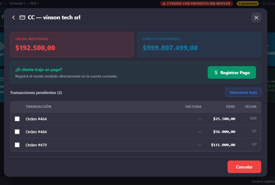 Vinson POS — cuenta corriente de clientes