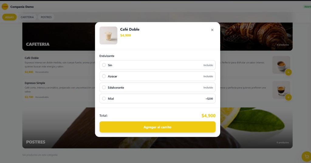 Vinson — personalización de productos en menú digital